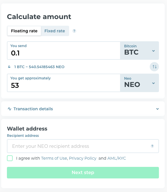 page with exchange of bitcoin to neo cryptocurrency and the gap for recipient's wallet address