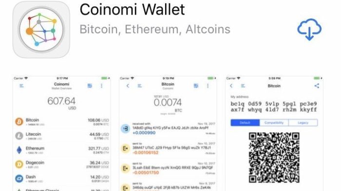 Coinomi wallet interface with three screens of multi wallet including dash