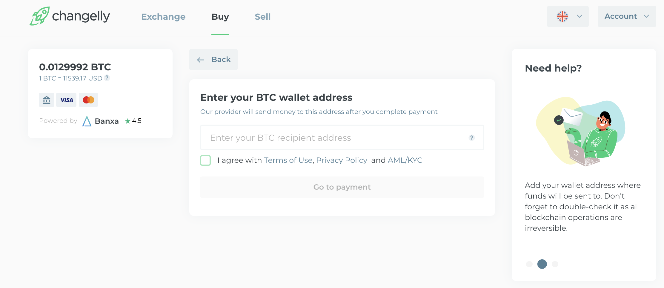 banxa buying fill in the wallet screen