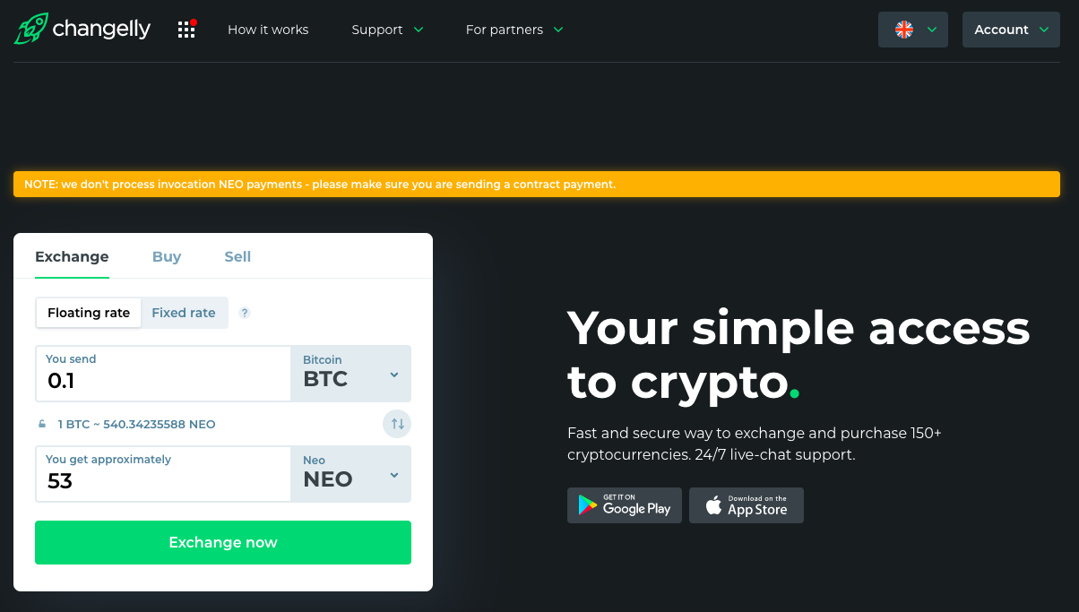 main page with btc to neo exchange pair