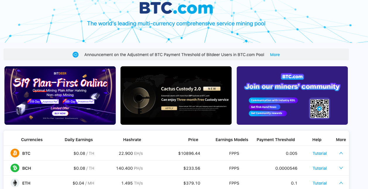 btc.com mining pool page with the top cryptocurrencies including ethereum