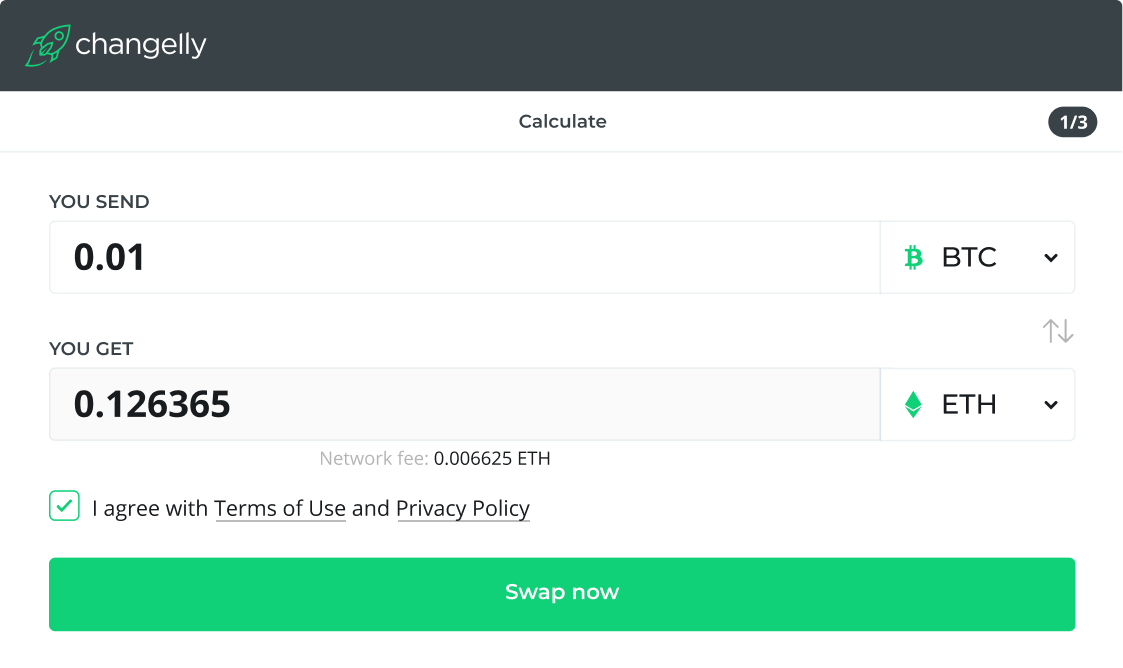 changelly earn widget with the example of trading pair: BTC and ETH