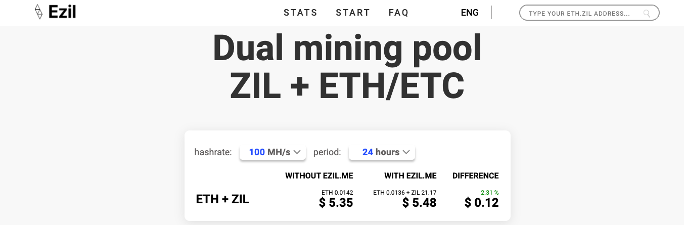 ezil mining pool stats interface of dual mining zil and eth with hashrate and calculator