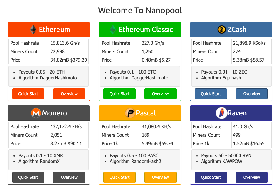 nanopool startig page offers to choose the options for mining Ethereum or other cryptocurrency. it shows the pool hashrate, miners count and price of an asset