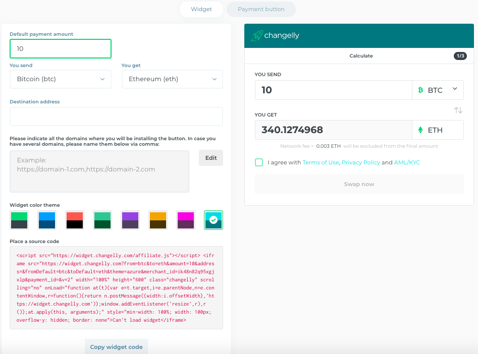 how can changelly widget be customized: choose the cryptocurrency pair, the color and the website