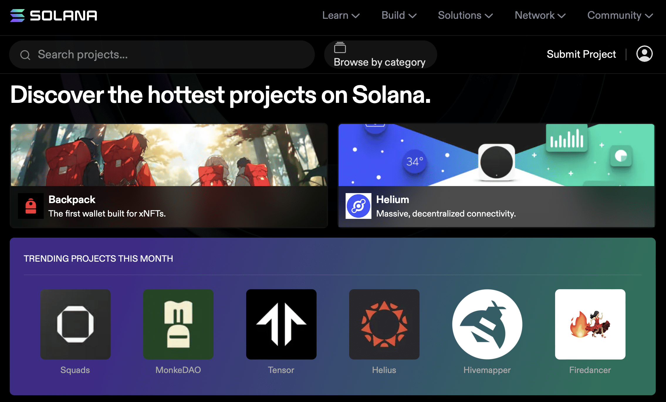 The Solana ecosystem page of Solana's official website