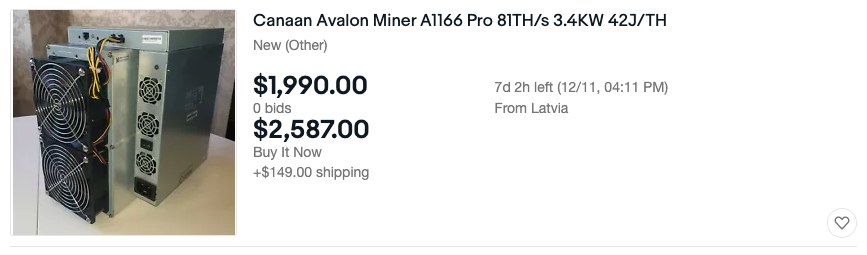 Canaan AvalonMiner 1166 Pro on ebay buy