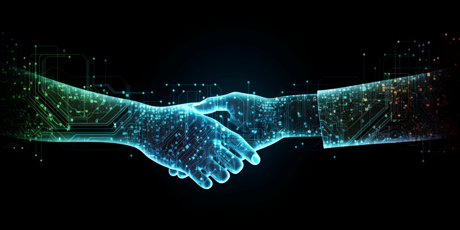 A handshake, both hands are made out of computer code