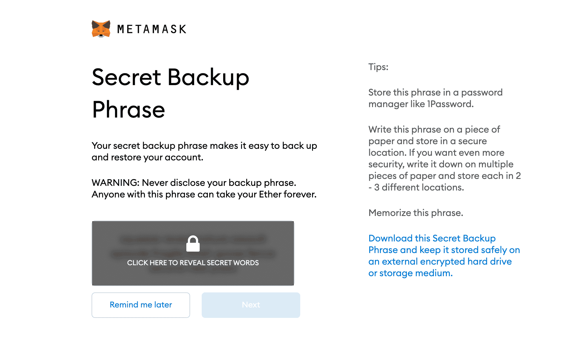 The Secret Backup Phrase Screen