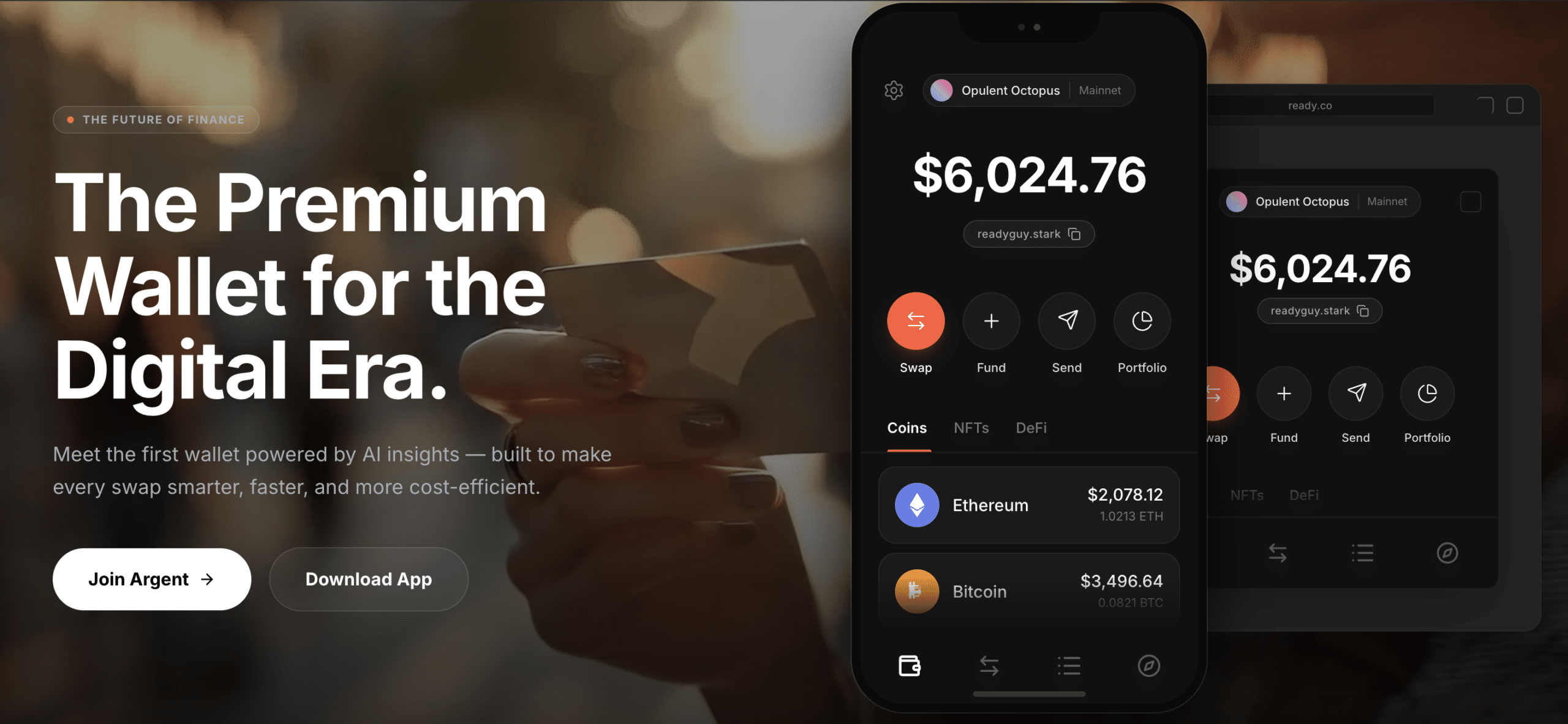 Argent wallet hero section showing the tagline 'The Premium Wallet for the Digital Era' alongside a smartphone screenshot displaying a crypto portfolio balance of $6,024.76 with Ethereum and Bitcoin holdings, and action buttons for Swap, Fund, Send, and Portfolio.