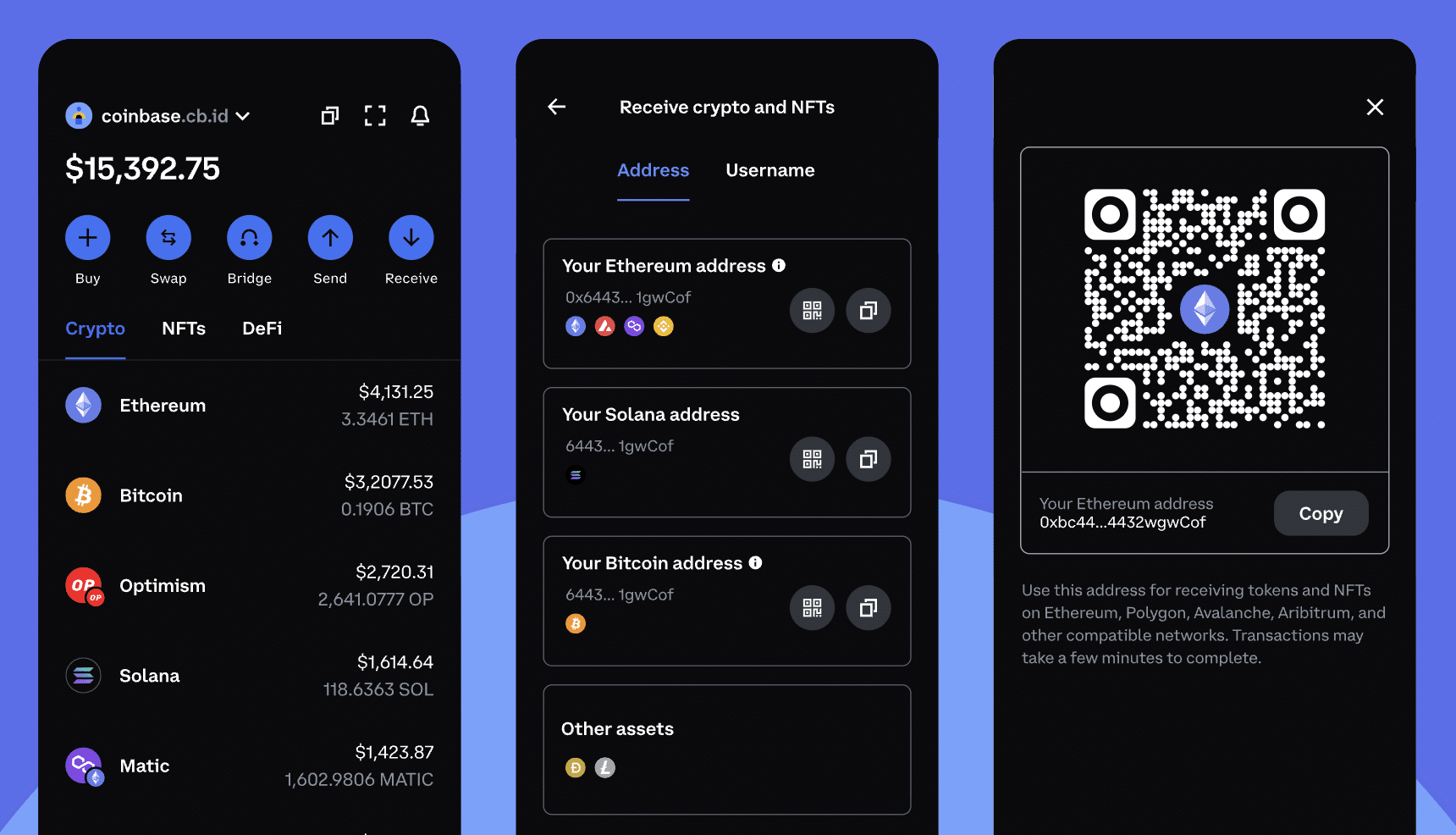 Three Coinbase Wallet mobile app screenshots showing a crypto portfolio with $15,392.75 in assets including Ethereum, Bitcoin, Optimism, Solana, and Matic; a 'Receive crypto and NFTs' screen with Ethereum, Solana, and Bitcoin address options; and a QR code screen for receiving Ethereum tokens.