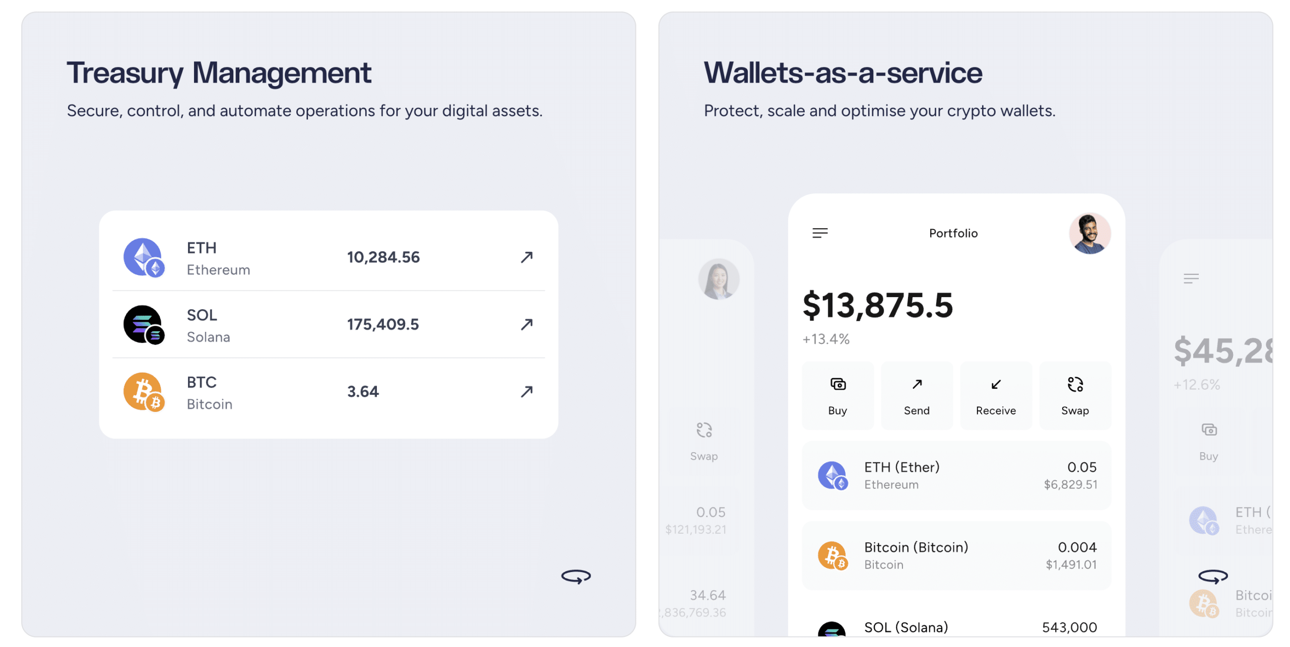 Two product feature cards: the left card titled 'Treasury Management' displays a dashboard with ETH, SOL, and BTC balances; the right card titled 'Wallets-as-a-Service' shows a mobile portfolio UI with a $13,875.50 total balance and holdings in ETH, Bitcoin, and Solana.