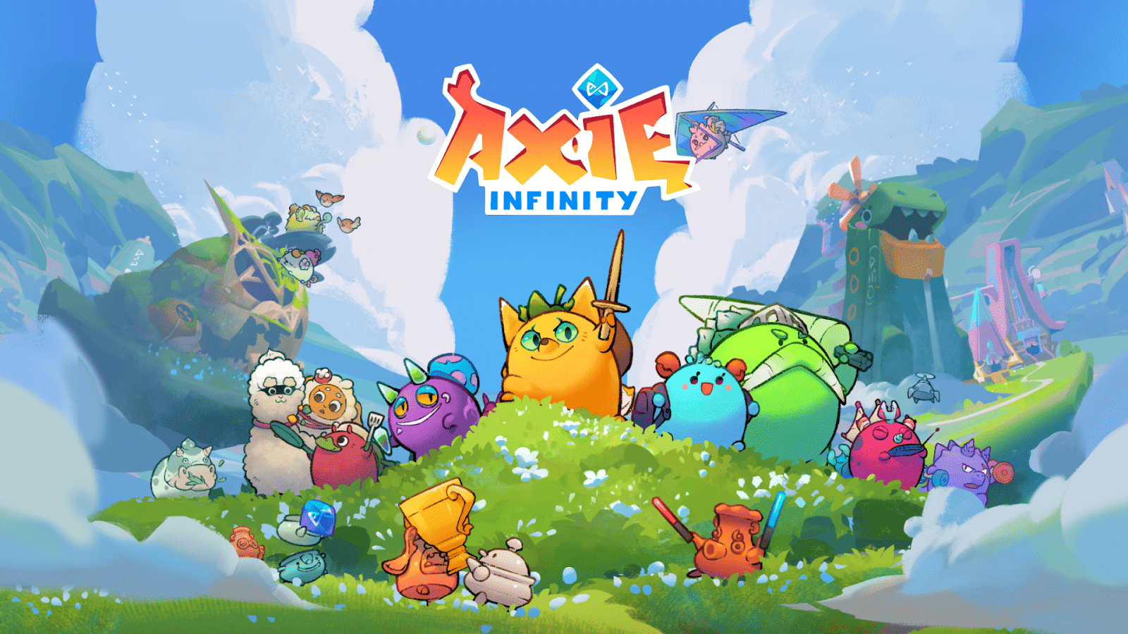 Axie Infinity logo with some Axies.