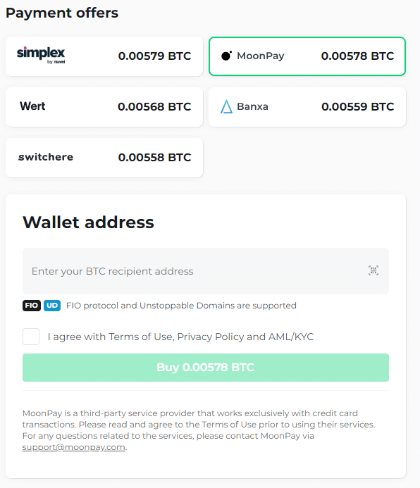 Payment offers and the window where you can enter your crypto wallet address
