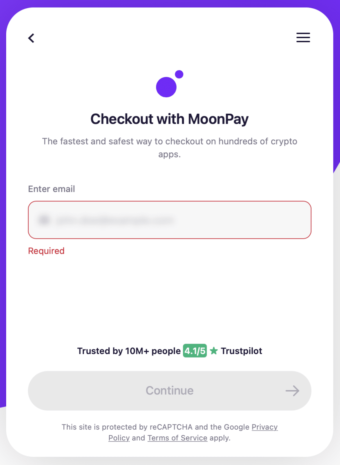 Checkout with MoonPay window