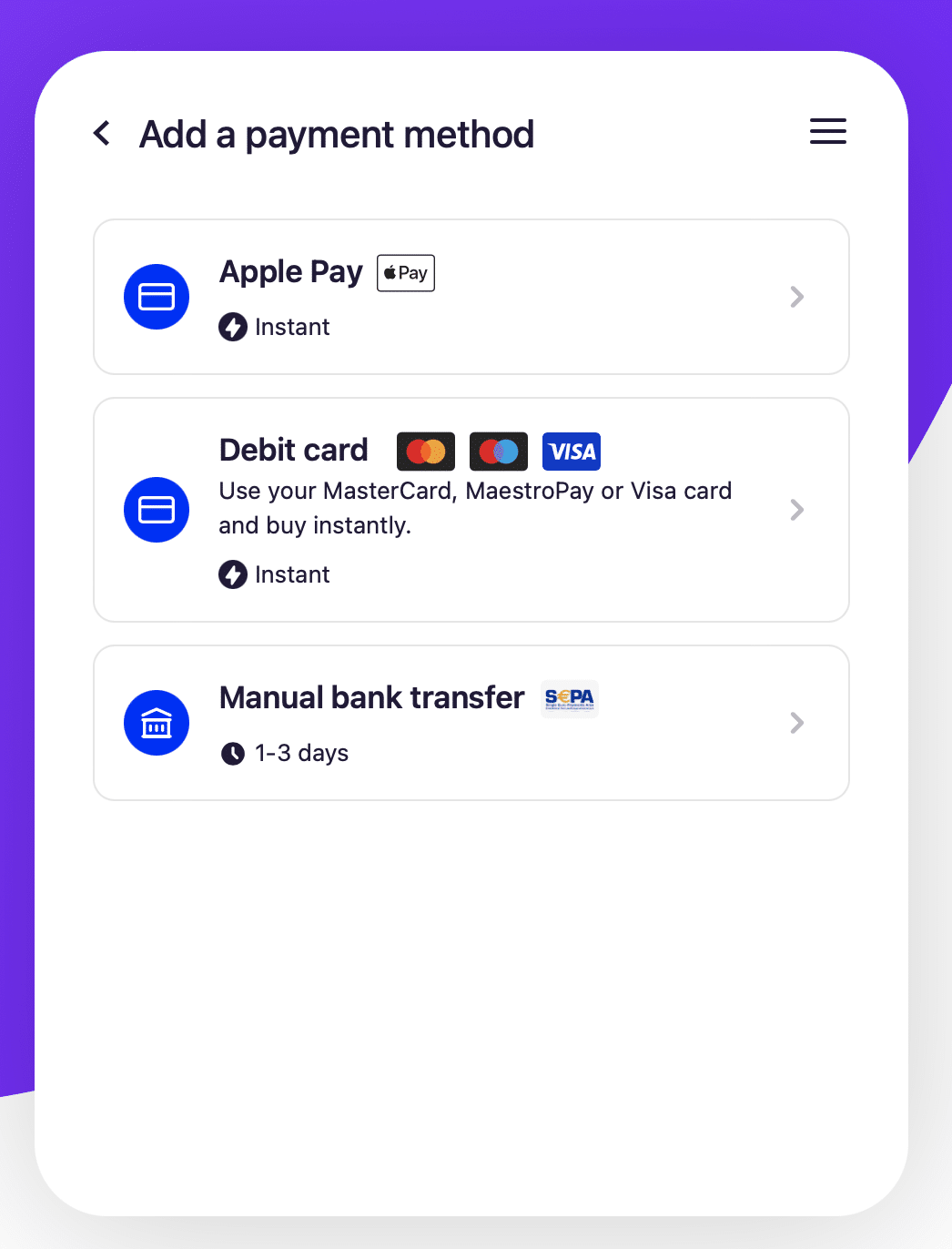 The payment methods available on MoonPay
