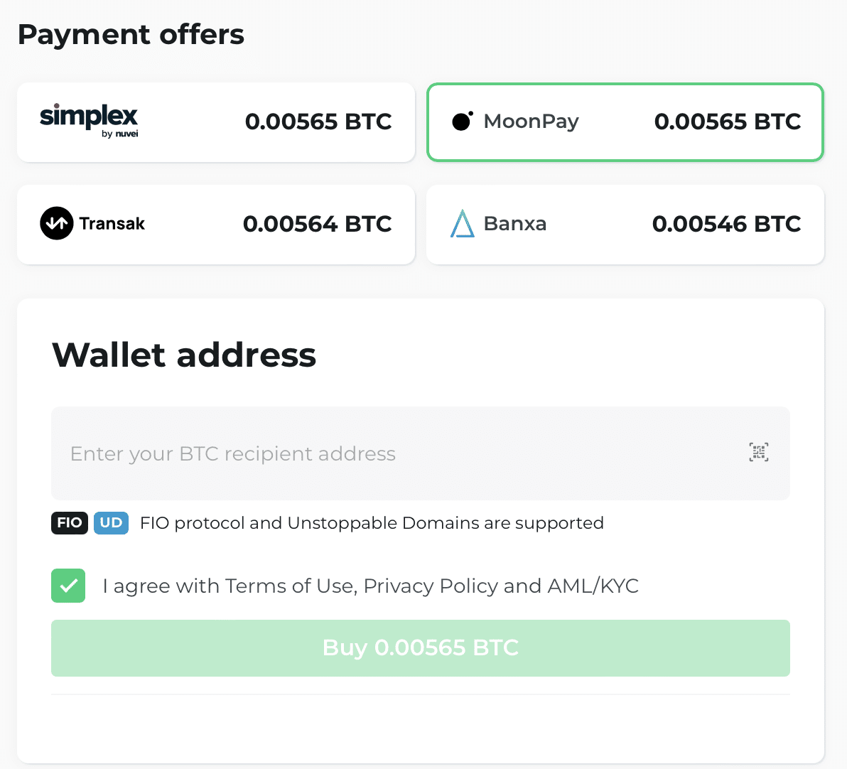 Payment offers the wallet address field