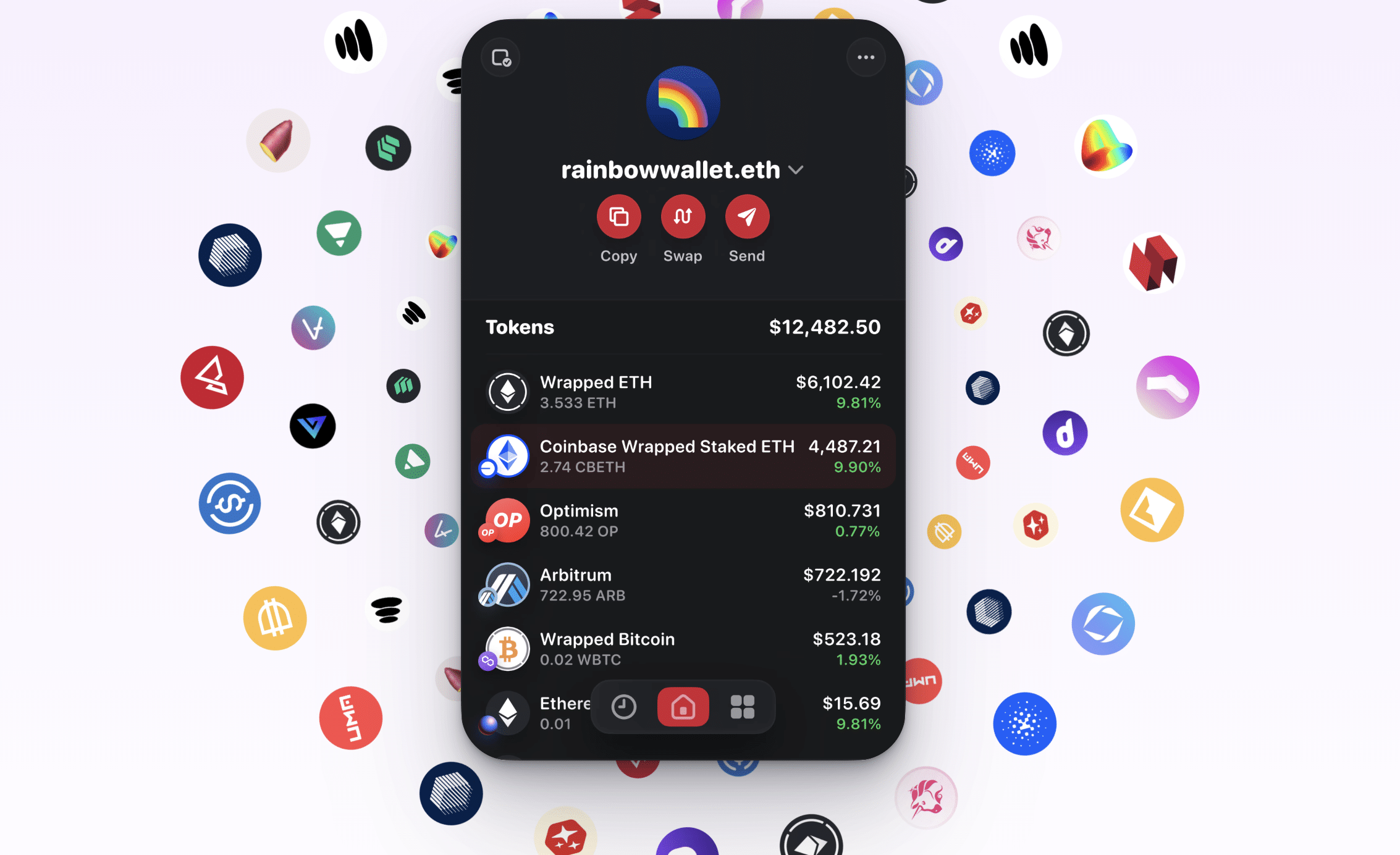 Rainbow Wallet mobile app screenshot for the account 'rainbowwallet.eth' showing a token portfolio worth $12,482.50, including Wrapped ETH, Coinbase Wrapped Staked ETH, Optimism, Arbitrum, and Wrapped Bitcoin, surrounded by colorful crypto and DeFi protocol logos on a light purple background.