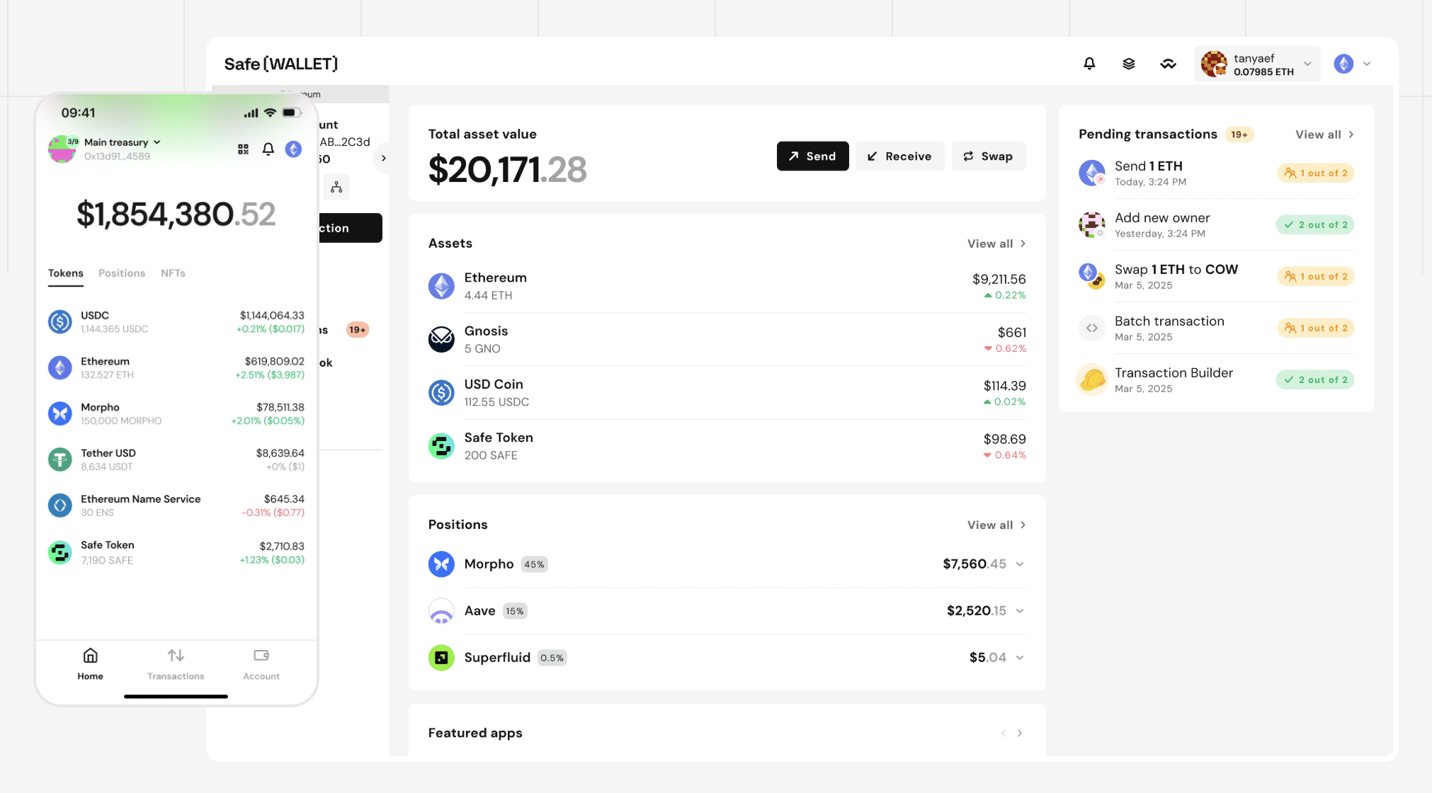 Safe Wallet interface showing a mobile app and desktop dashboard side by side. The mobile view displays a Main Treasury account with $1,854,380.52 in tokens including USDC, Ethereum, Morpho, Tether USD, ENS, and Safe Token. The desktop view shows a $20,171.28 total asset value with holdings in Ethereum, Gnosis, USD Coin, and Safe Token, DeFi positions in Morpho, Aave, and Superfluid, and a pending transactions panel with 19+ items.