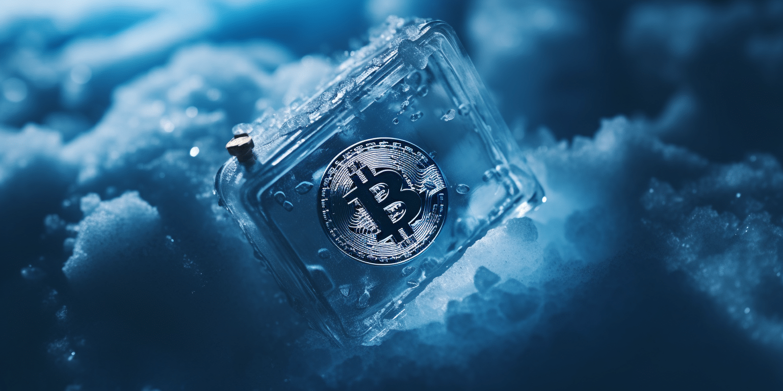 A cold wallet encased in ice with a Bitcoin coin in it