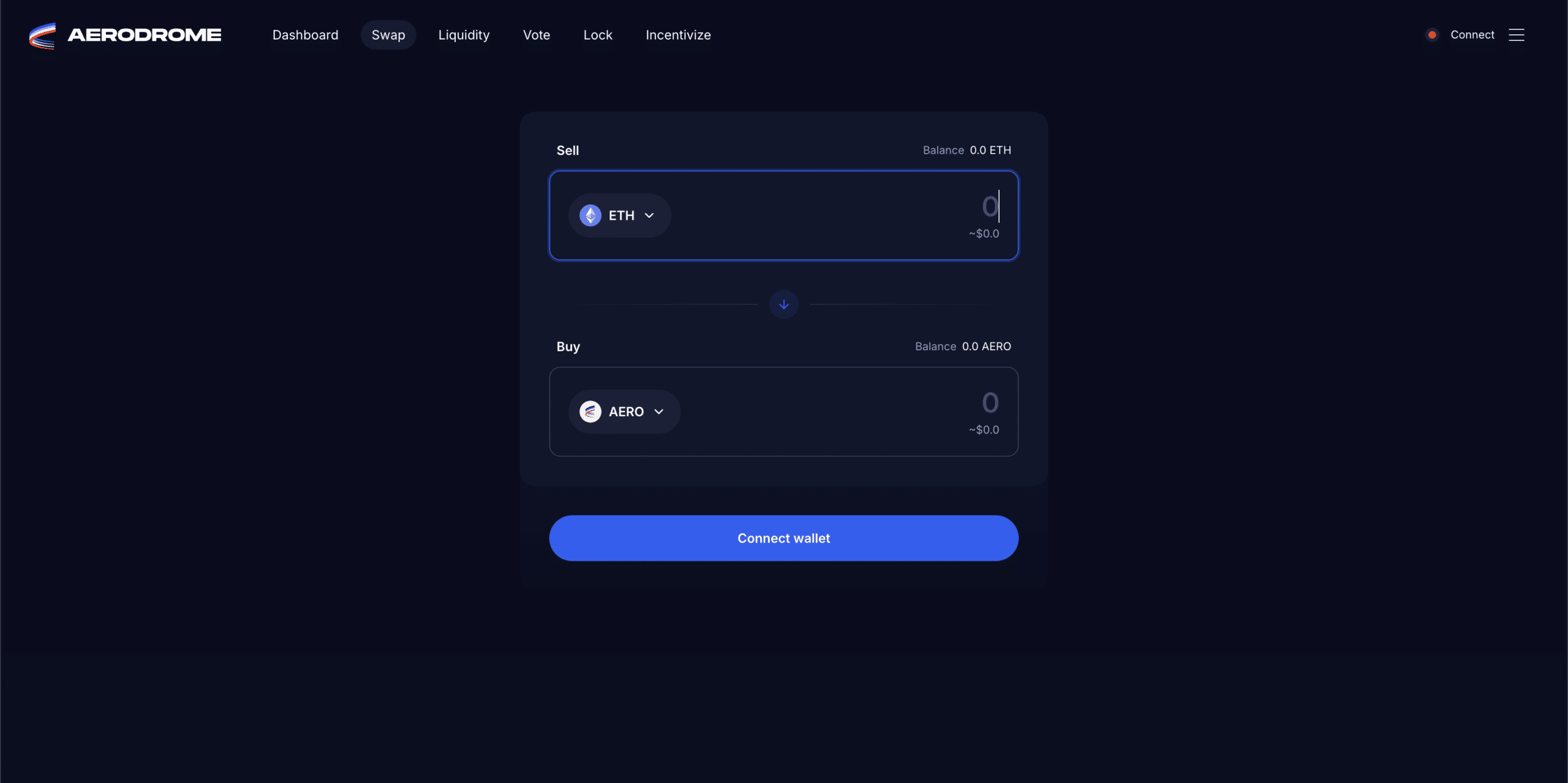 Aerodrome decentralized exchange swap page showing ETH to AERO trade interface, token selector, balance fields, and wallet connection