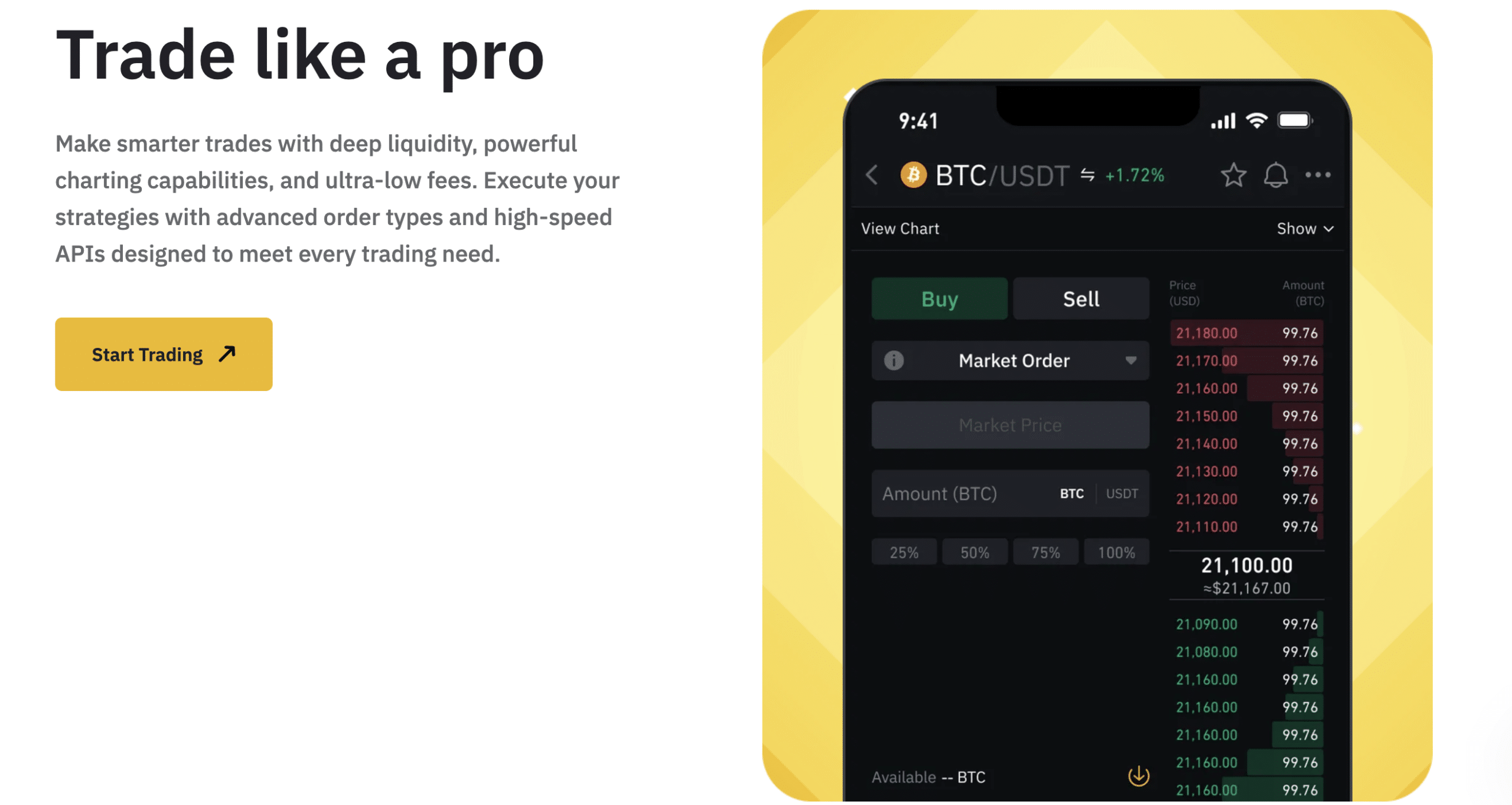 Binance.US trading interface shown on a mobile screen with BTC/USDT order book and market order controls.