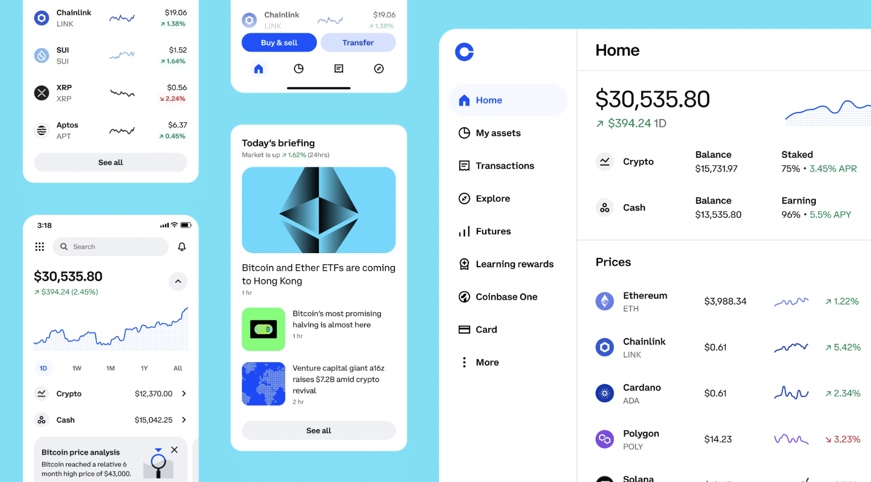 Coinbase desktop and mobile interface showing crypto portfolio balance, price charts, assets, and market updates.
