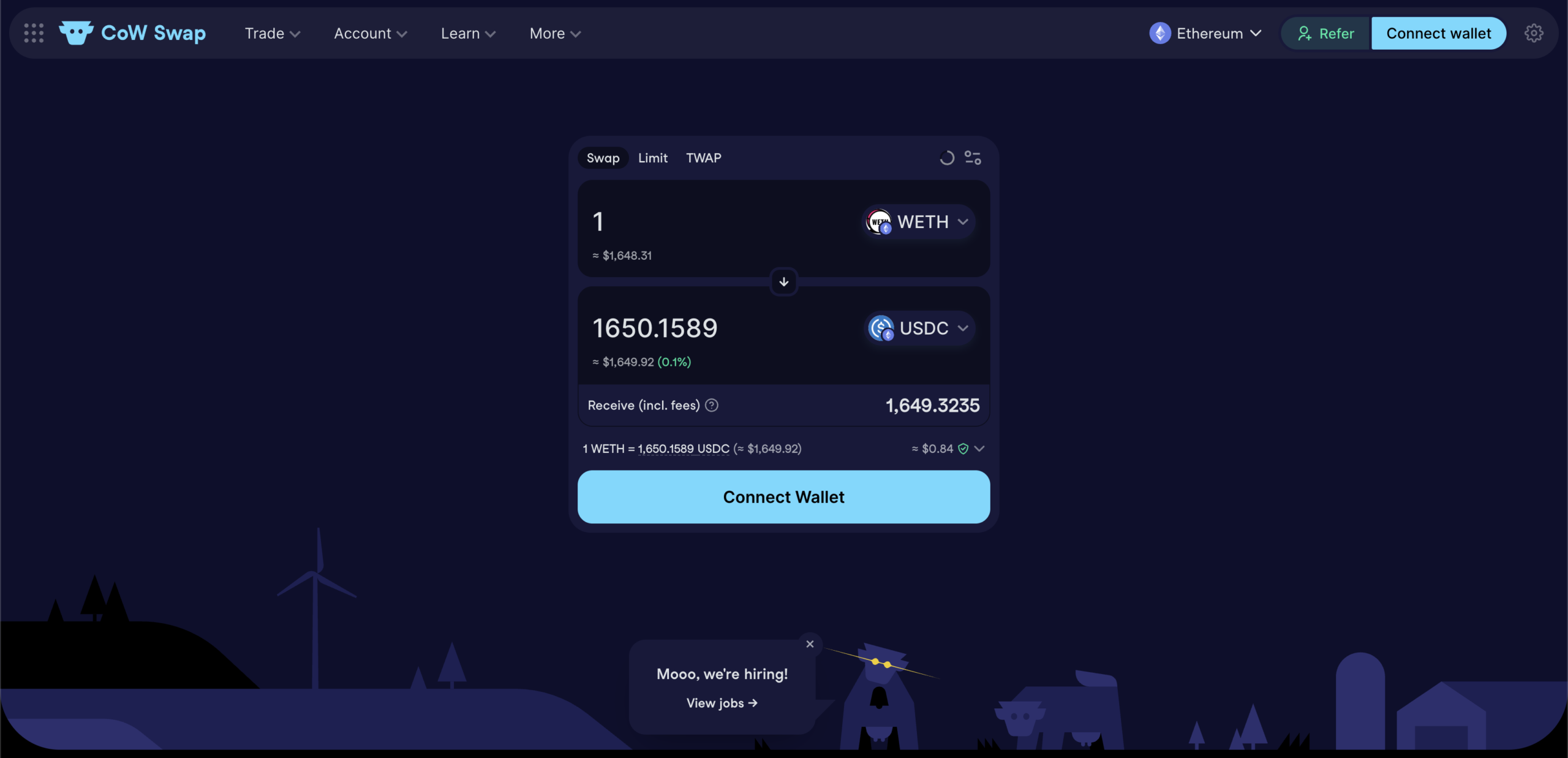 CoW Swap decentralized exchange homepage showing WETH to USDC swap interface, Ethereum network selection, receive amount, and wallet connection
