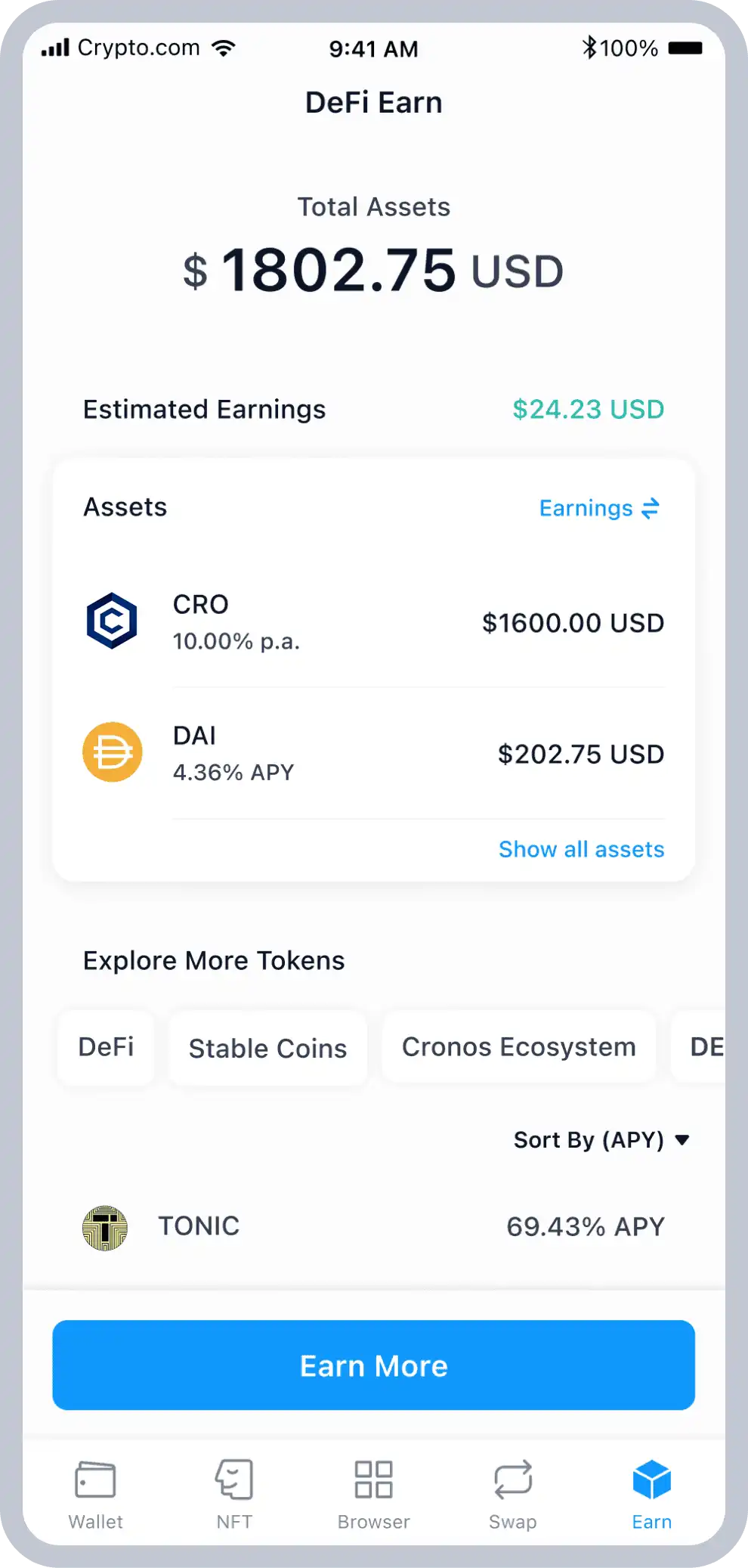 Crypto.com DeFi wallet mobile app interface, the crypto staking (DeFi Earn) page