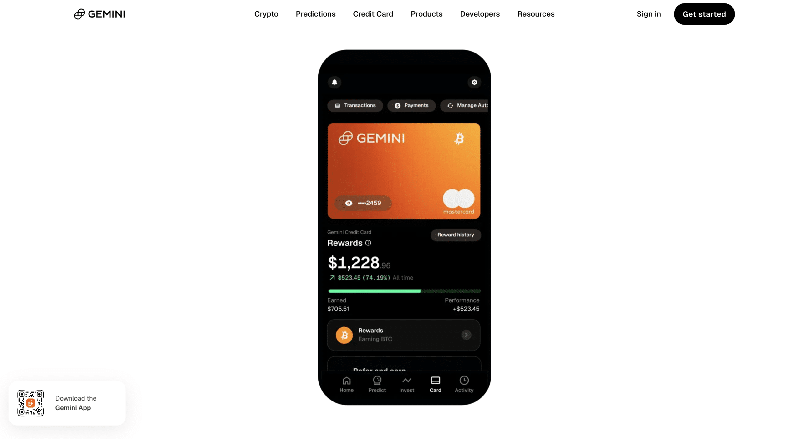 Gemini app interface showing crypto rewards card balance, Bitcoin rewards, and mobile wallet navigation.