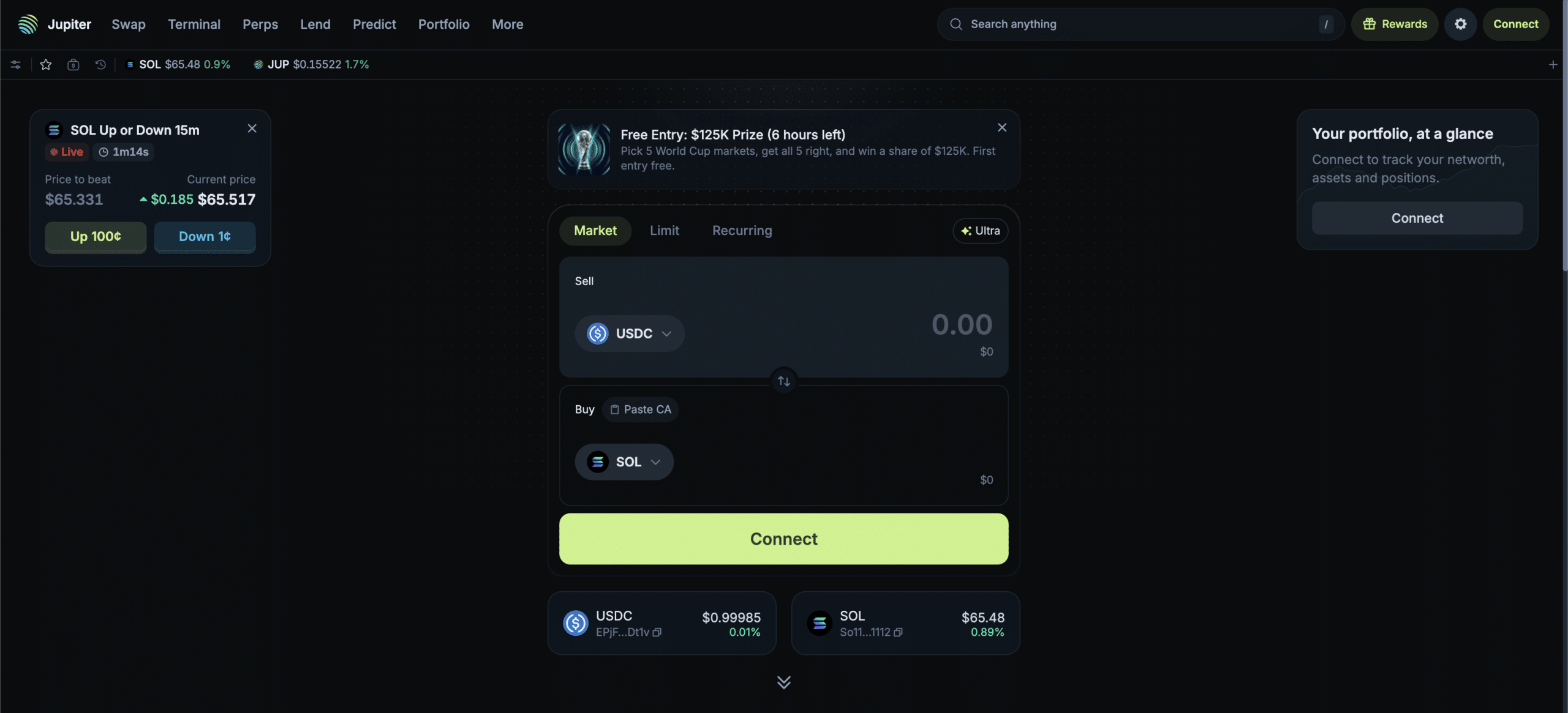 Jupiter DEX aggregator homepage showing Solana swap interface, USDC to SOL trade, market order tab, portfolio panel, and wallet connection