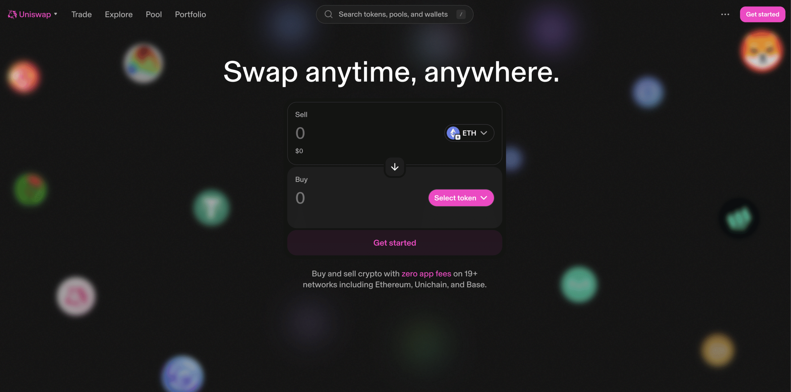 Uniswap decentralized exchange homepage showing ETH swap interface, token selector, search bar, supported networks, and get started button