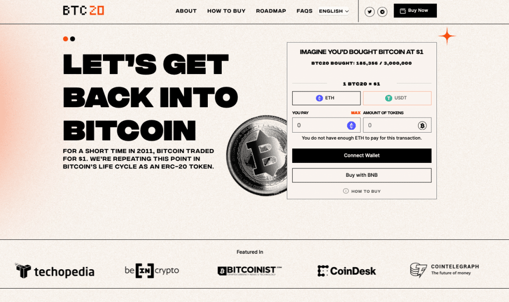 Official BTC20 website graphic featuring the promise of returning "into Bitcoin."