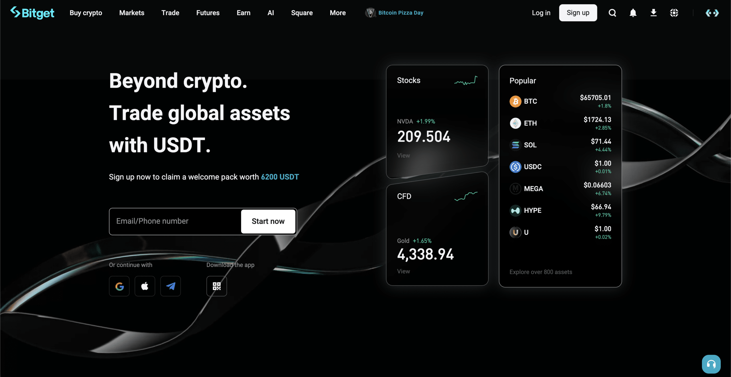 Bitget crypto exchange homepage showing global asset trading, BTC ETH and SOL prices, signup form, and popular market cards