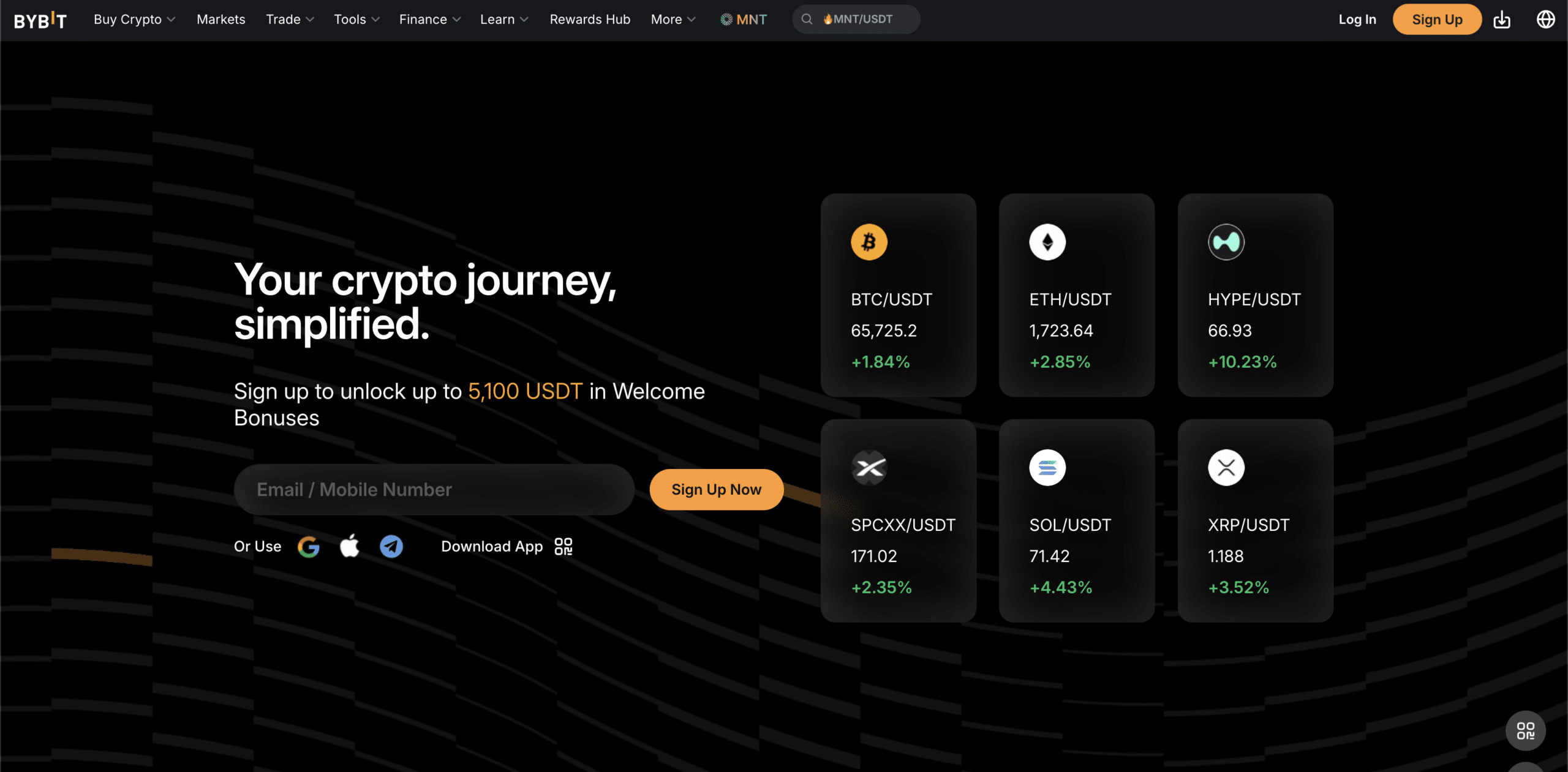 Bybit crypto exchange homepage showing BTC USDT, ETH USDT, HYPE USDT, SOL USDT, signup form, and live crypto price cards