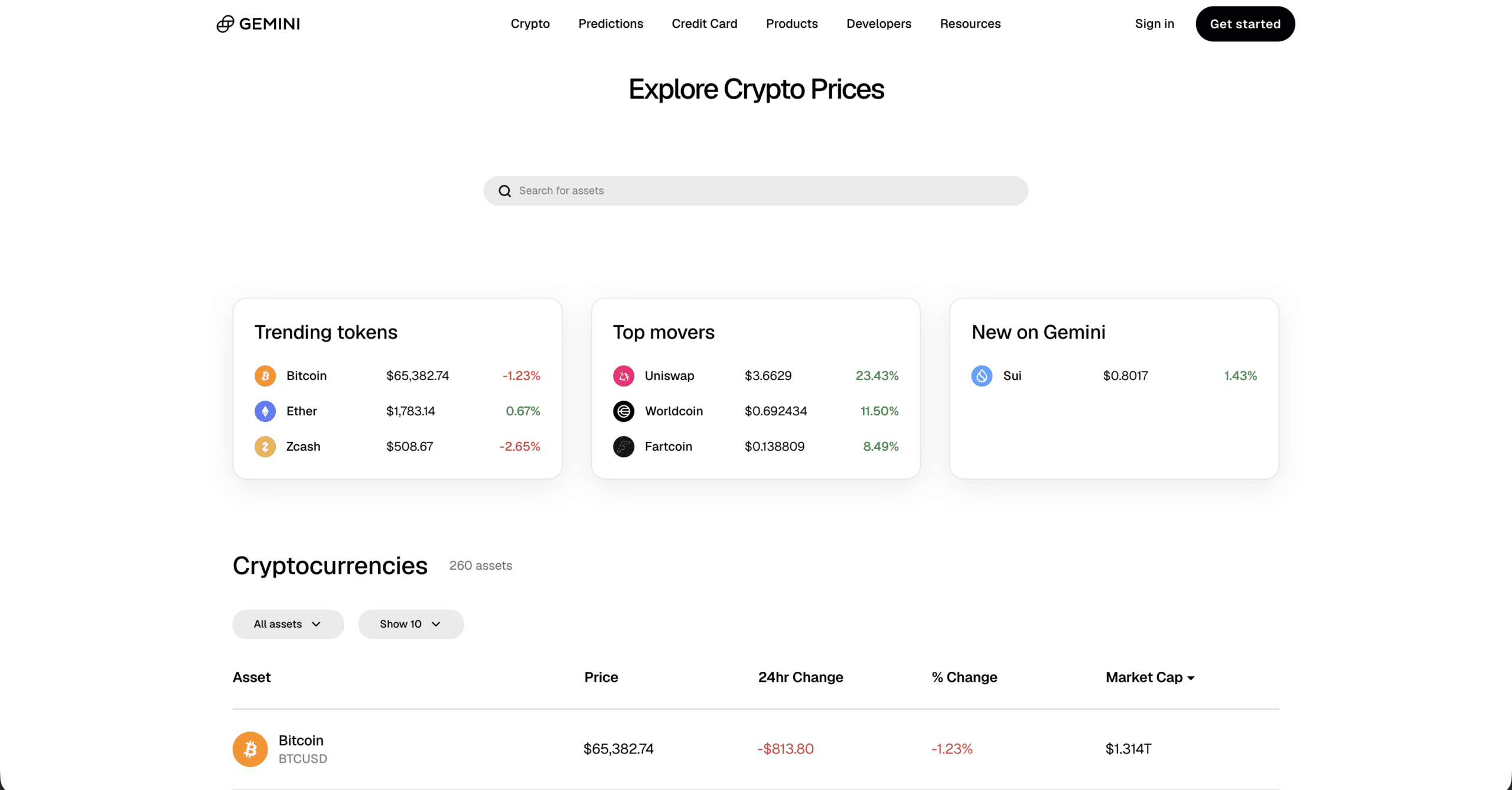 Gemini crypto exchange markets page showing cryptocurrency prices, trending tokens, top movers, new listings, and market cap data