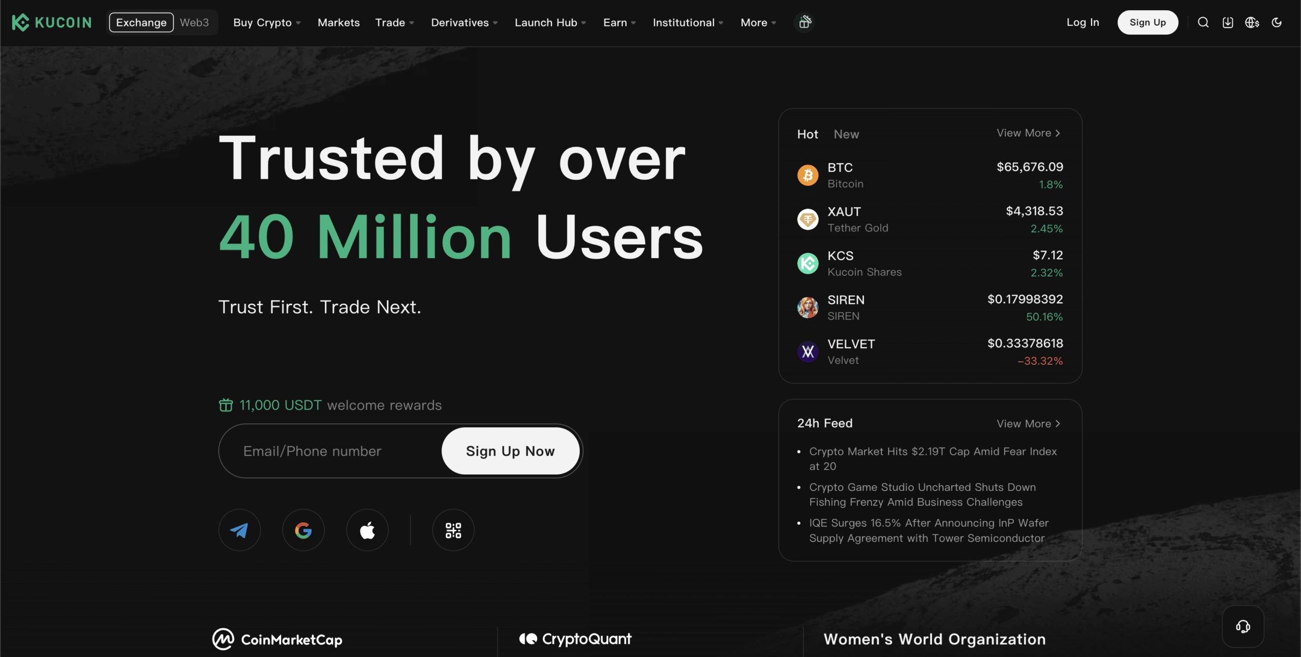 KuCoin crypto exchange homepage showing hot crypto prices, market updates, 24h feed, signup form, and welcome rewards