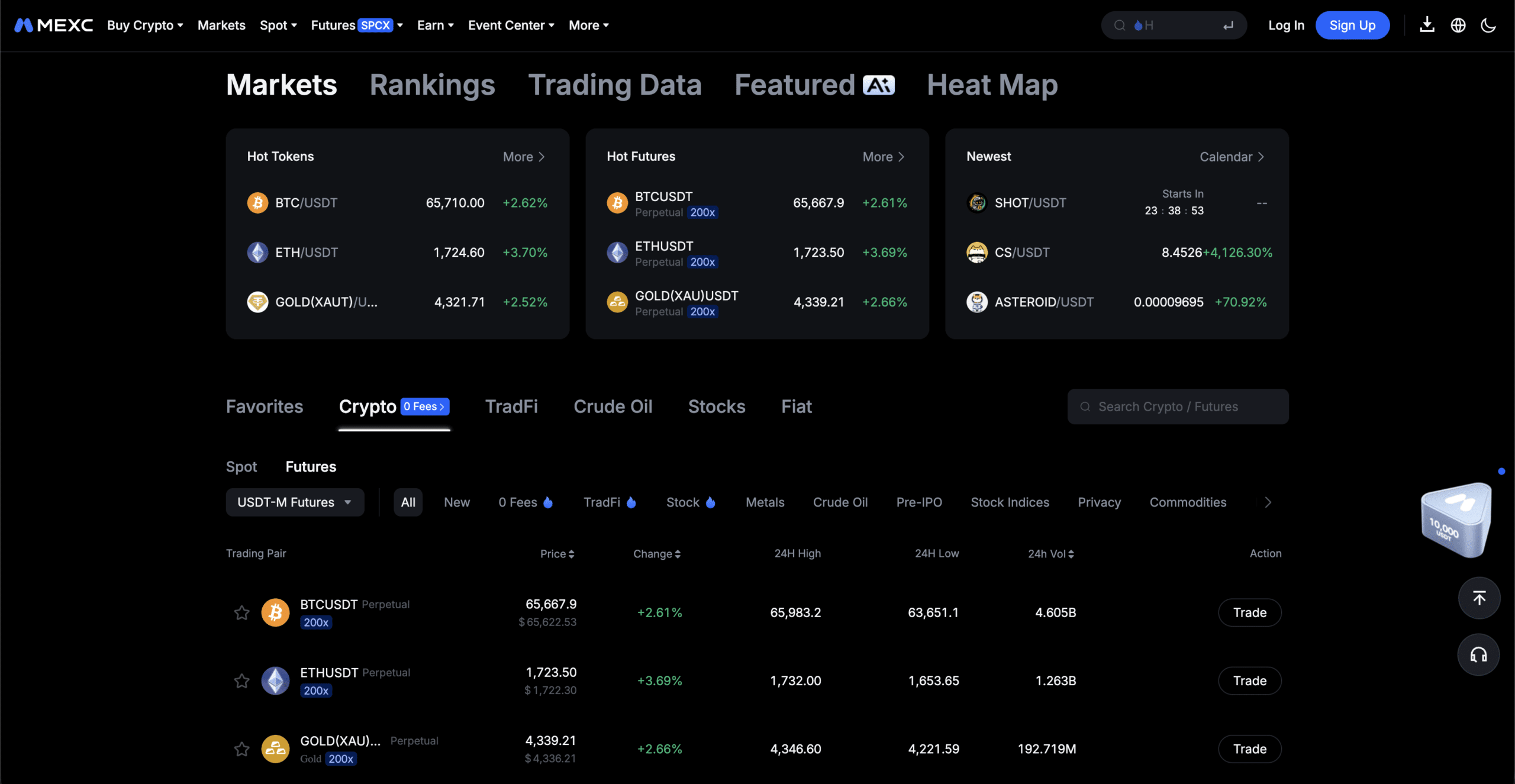 MEXC crypto exchange markets page showing spot and futures trading pairs, hot tokens, market rankings, price changes, and trading volume