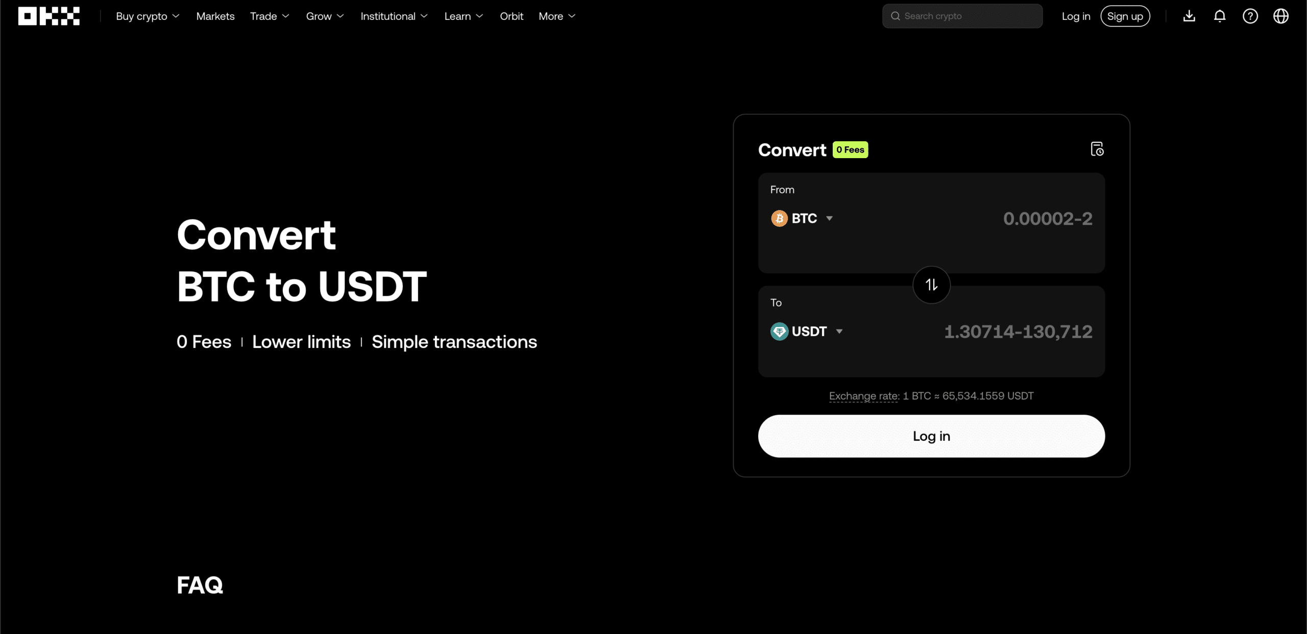 OKX crypto exchange convert page showing BTC to USDT conversion interface, zero fees message, exchange rate, and login button