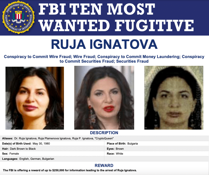 For information that results in Ruja Ignatova's arrest, the FBI is offering a reward of up to $250,000.