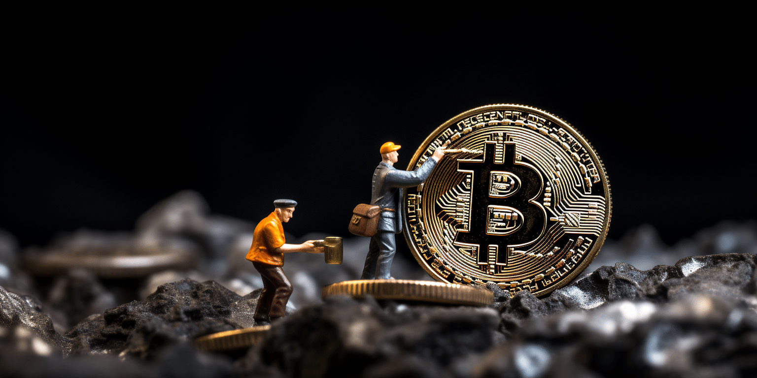 Two toy crypto miners on top of a pile of Bitcoin coins