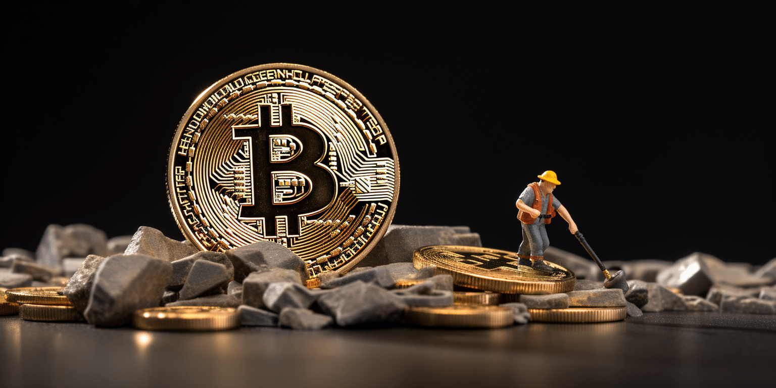 Small toy miner on top of a pile of Bitcoin coins