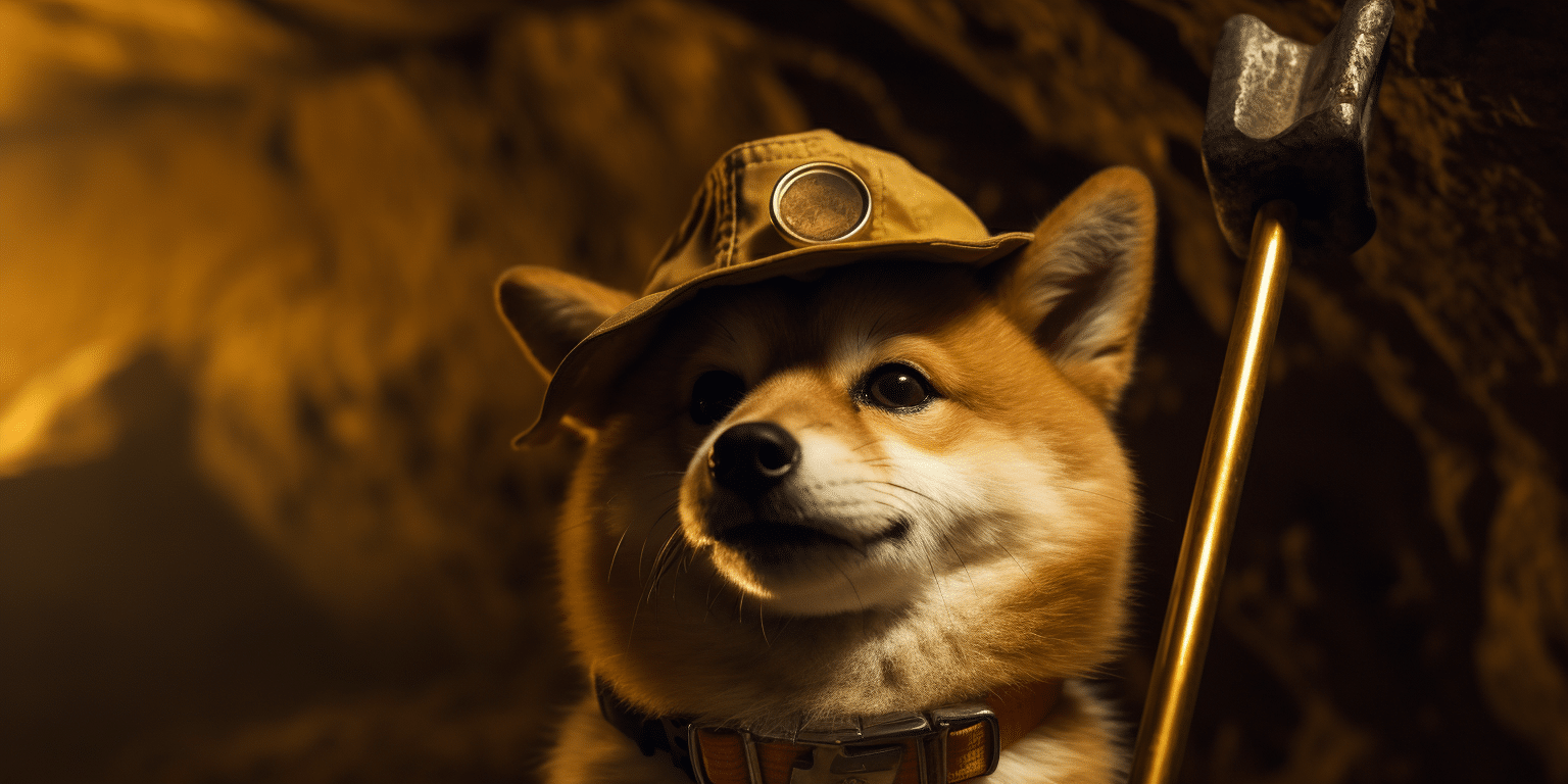 A shiba inu dog in a miner's hat inside a mining shaft