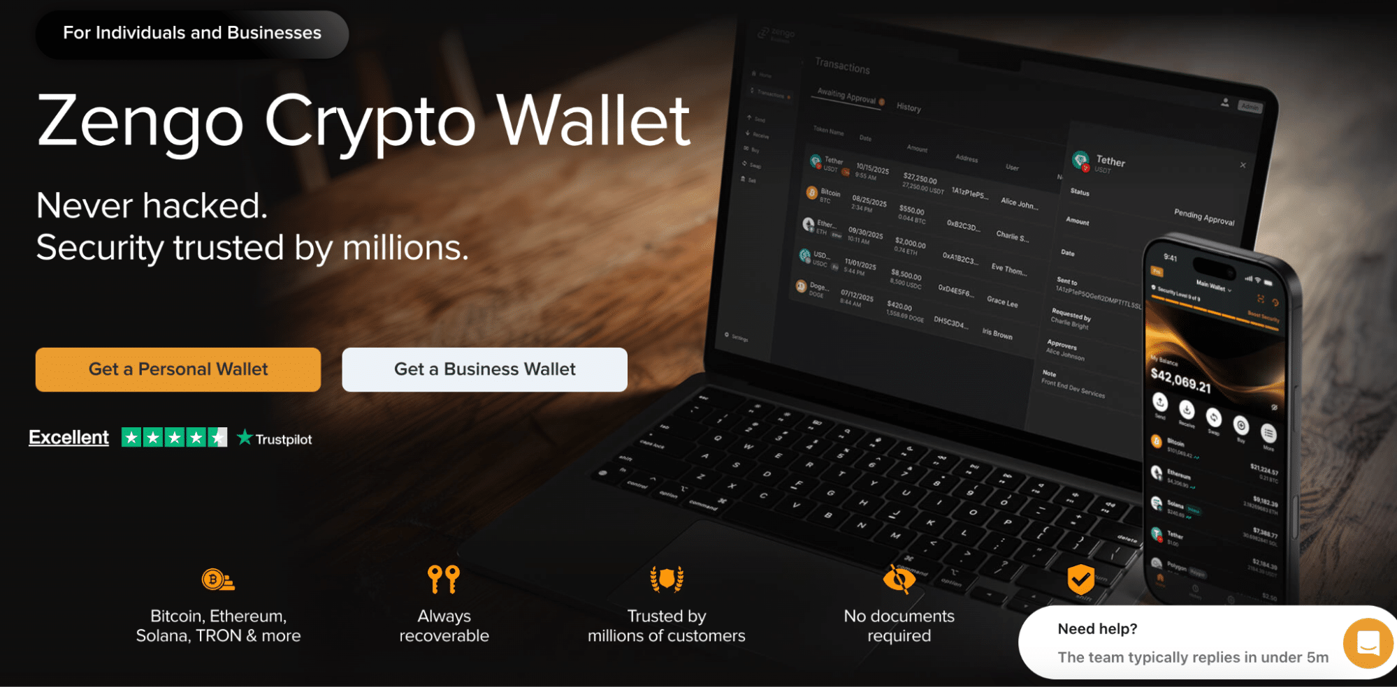 Zengo crypto wallet website showing personal and business wallet security features.