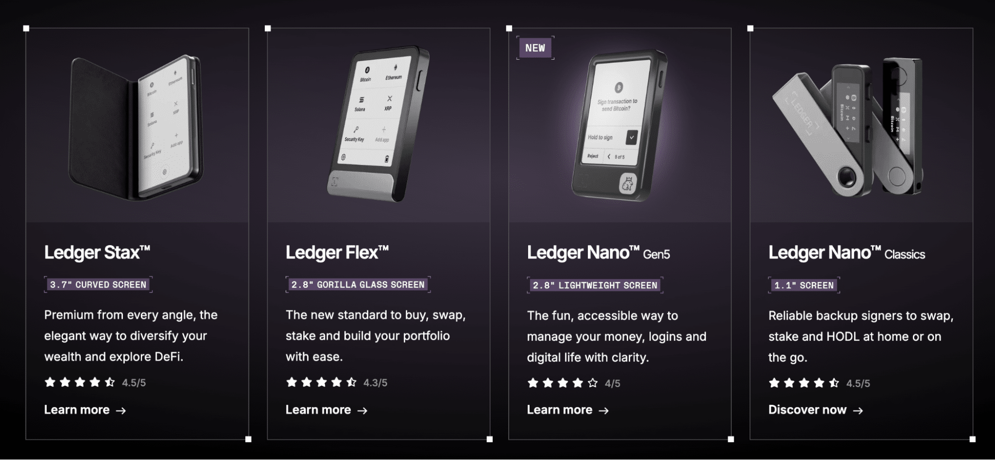 Ledger Stax, Flex, Nano Gen5, and Nano hardware crypto wallets.