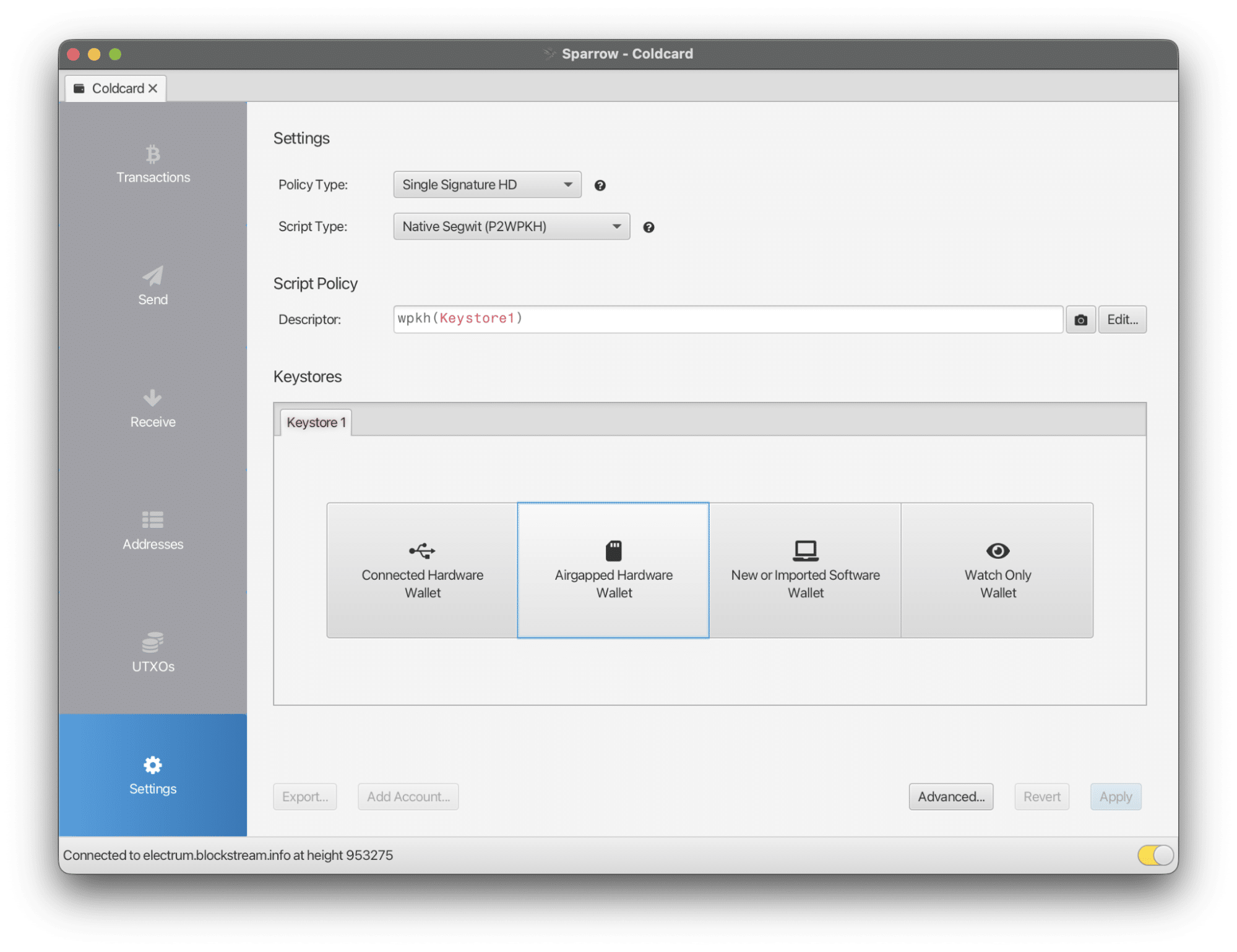 Sparrow Bitcoin wallet interface showing Coldcard air-gapped hardware wallet setup.