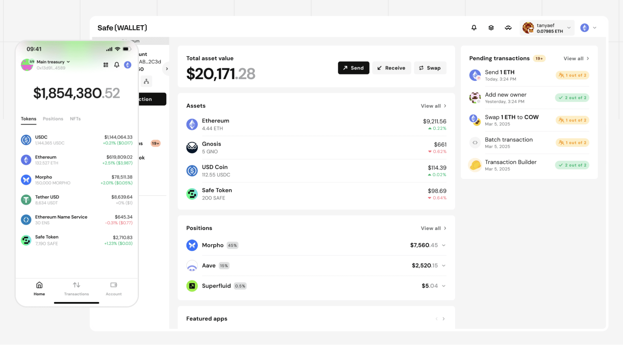 Safe Wallet interface with assets, positions, and pending multisig transactions.