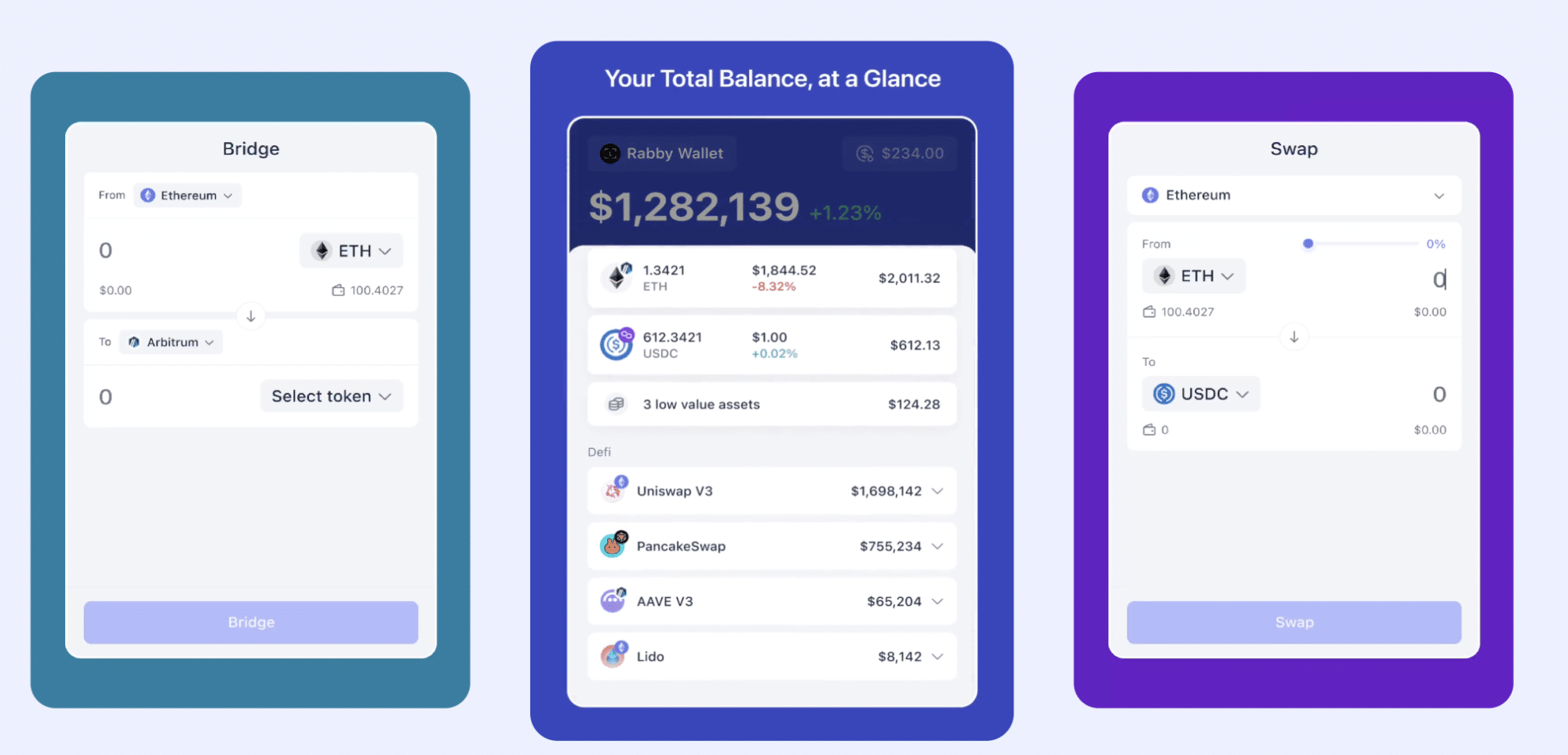 Rabby Wallet interface showing bridge, balance, and swap features for DeFi users