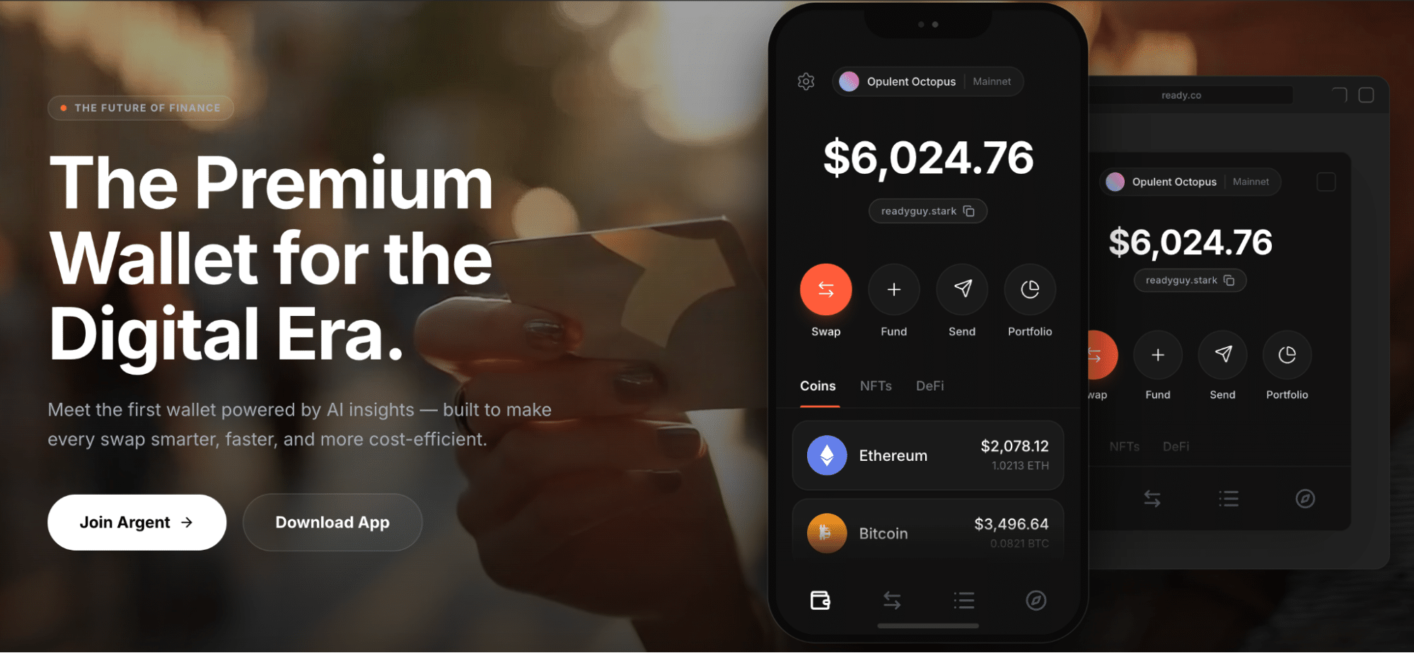 Argent crypto wallet homepage showing mobile wallet interface and AI insights messaging.