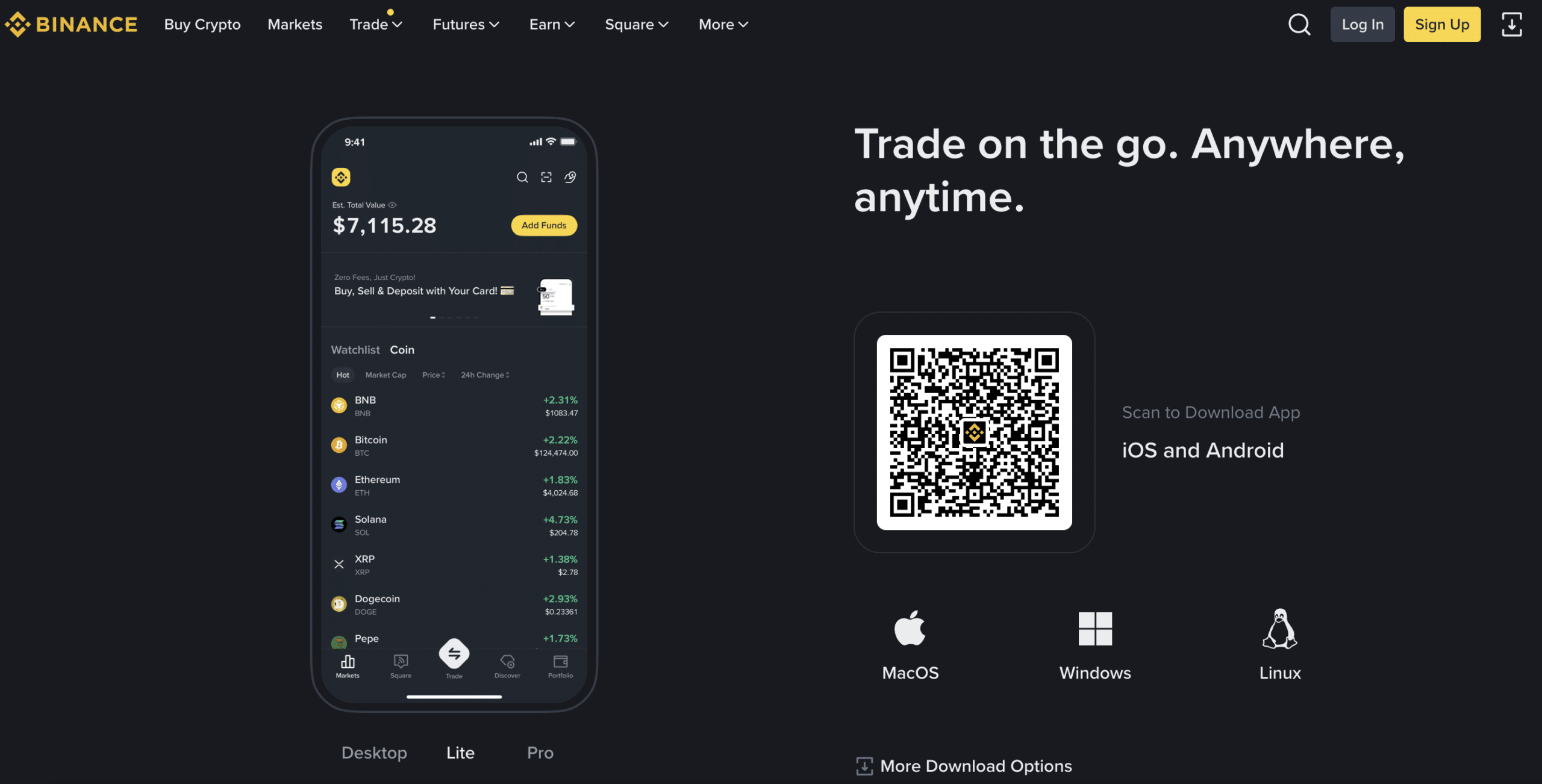 Binance crypto app page with mobile trading interface and download options.